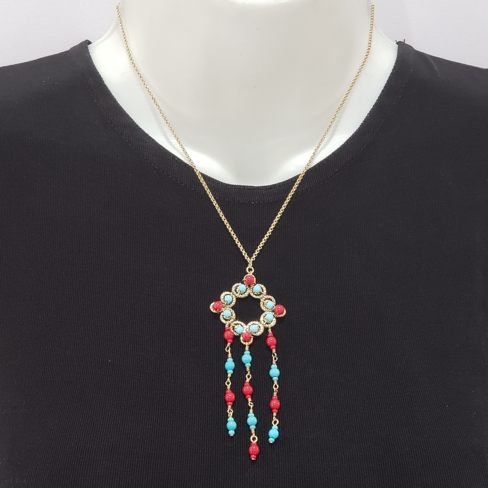 NEW Boho Aztec Turquoise and Red Beaded Necklace